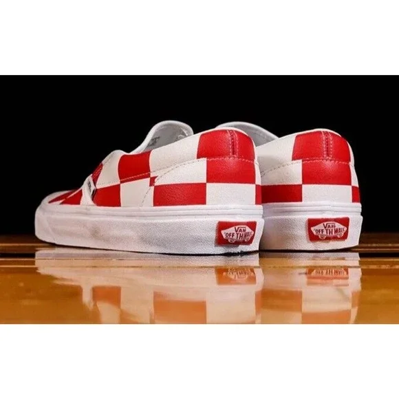 Vans Leather Red White Check Classic Slip-On Shoes Mens 13 New Fast Ship - Picture 5 of 12